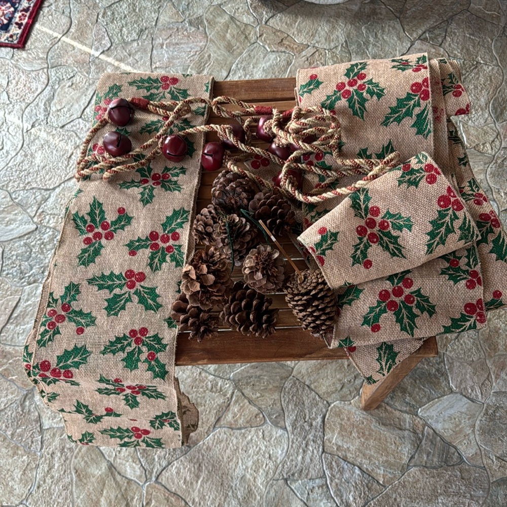 Burlap Jingle Bells Pine Cones Bundle of Jingle Garland, Holly Burlap & Cones